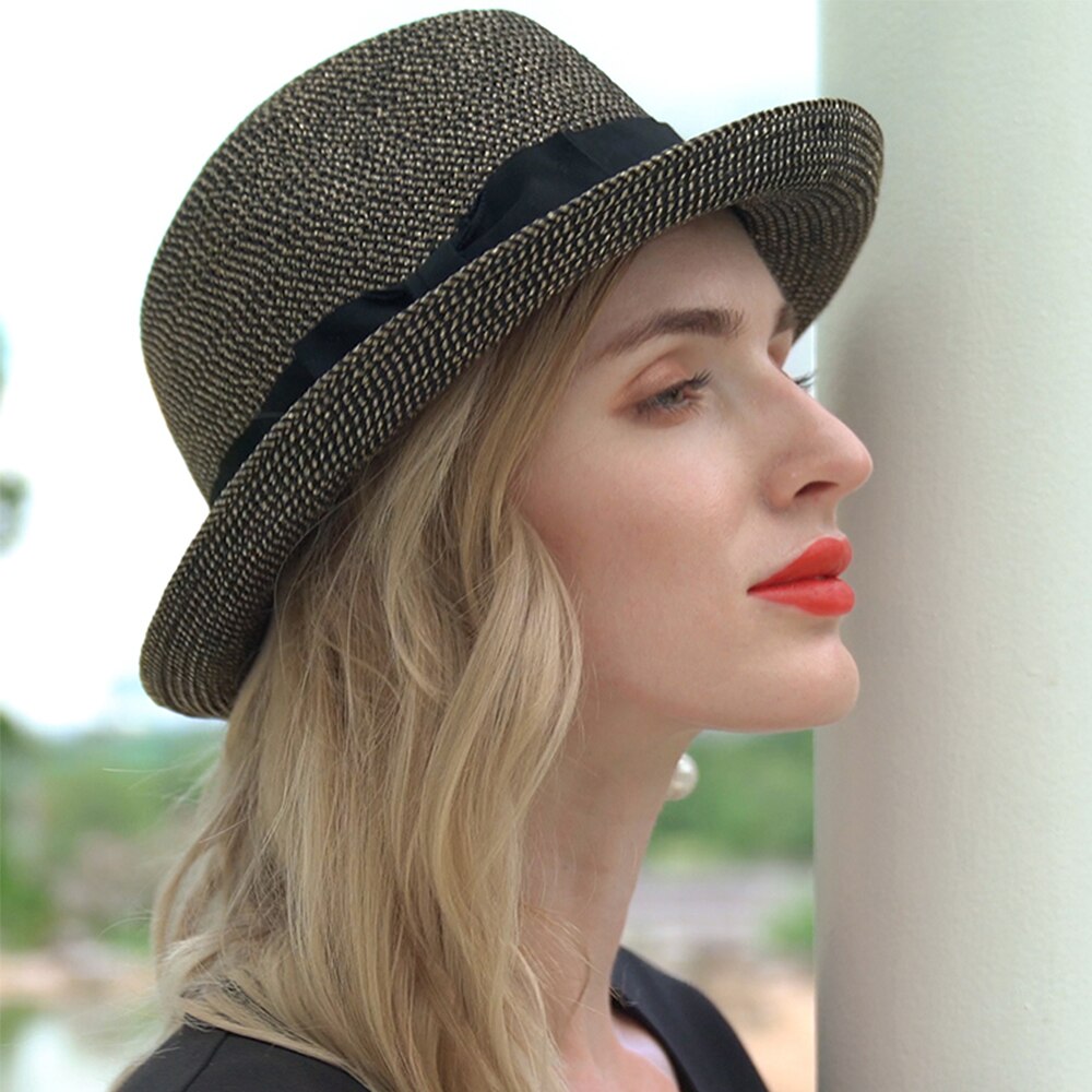 FS 2022 Gold Jazz Sun Hat For Women Ribbon Bow Straw Floppy Wide Brim Hats Casual Beach Hats Sunscreen Chapeau Femme