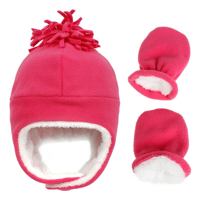 Baby vinter varm fleece hue og vante sæt småbørn baby børn pilot hat børn handsker til spædbørn baby motorhjelm tøj tilbehør: Hot pink til 0-12m