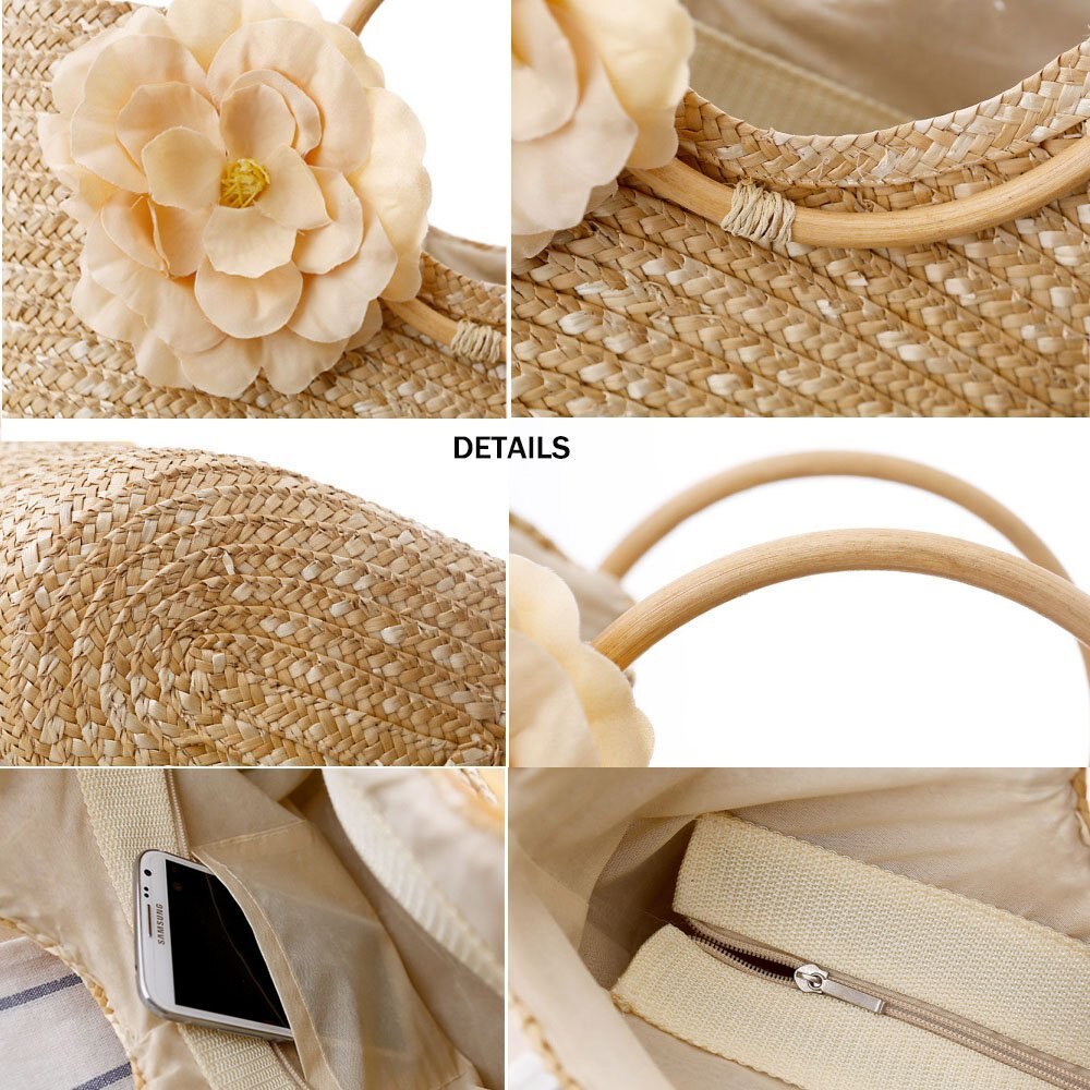 Frauen Stroh Handtasche Blume Woven Sommer Strand Messenger Tote Tasche Korb Shopper Geldbörse