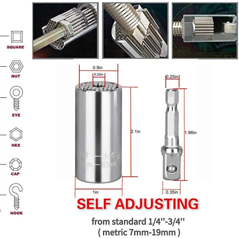 3Pcs Universal Socket (7-19mm) Sockets Tools Multi-Function Wrench Repair Kit with Power Drill Ratchet Wrench