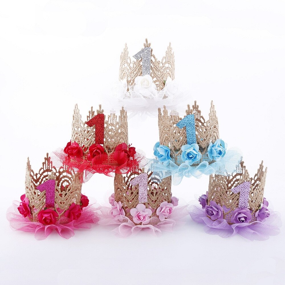 Pink Princess Headband Baby Girls 1st Birthday Party Hat Flower Crown Party Hairband Hair Accessories For Kids Photography Props