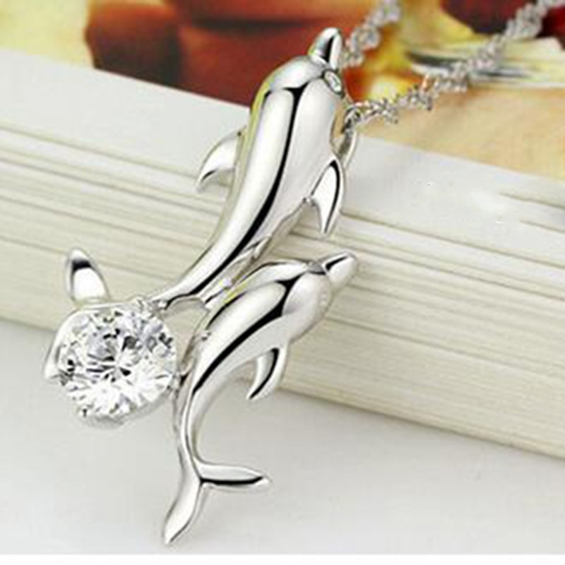 Zilver Kleur Rhinestone Dubbele Dolfijn Hanger Ketting Liefde Sieraden Collier Lange Choker Voor Meisje Vrouwen Verjaardag Christmas