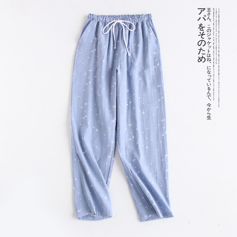 Herfst Katoen Dubbel Gaas Sleep Bottoms Paar Eenvoudige Sterren Pyjamabroek Vrouwen Losse Lounge Dragen Elastische Taille Thuis Kleren: Men blue / Xl