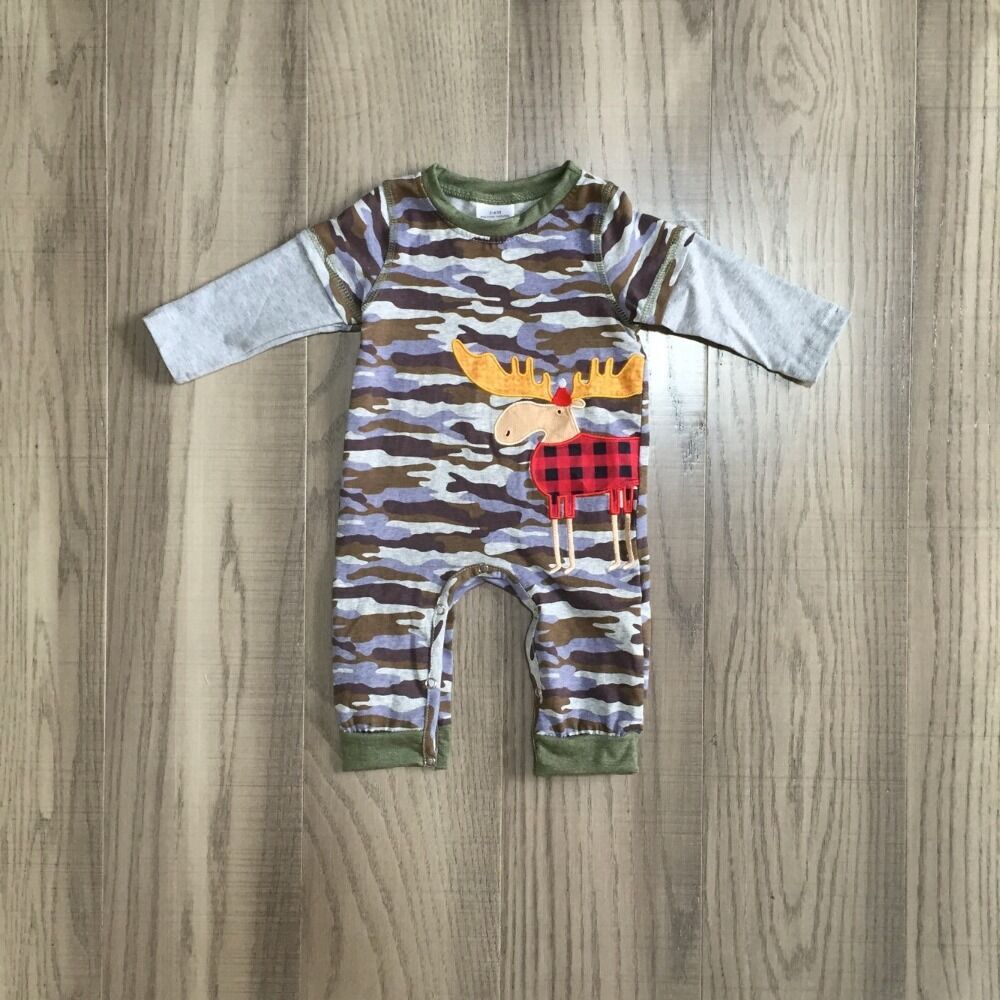 GirlyMax Winter Baby Boys Christmas Deer Embroidered Camo Print Romper Infant Toddler Cotton Long Sleeve Clothes