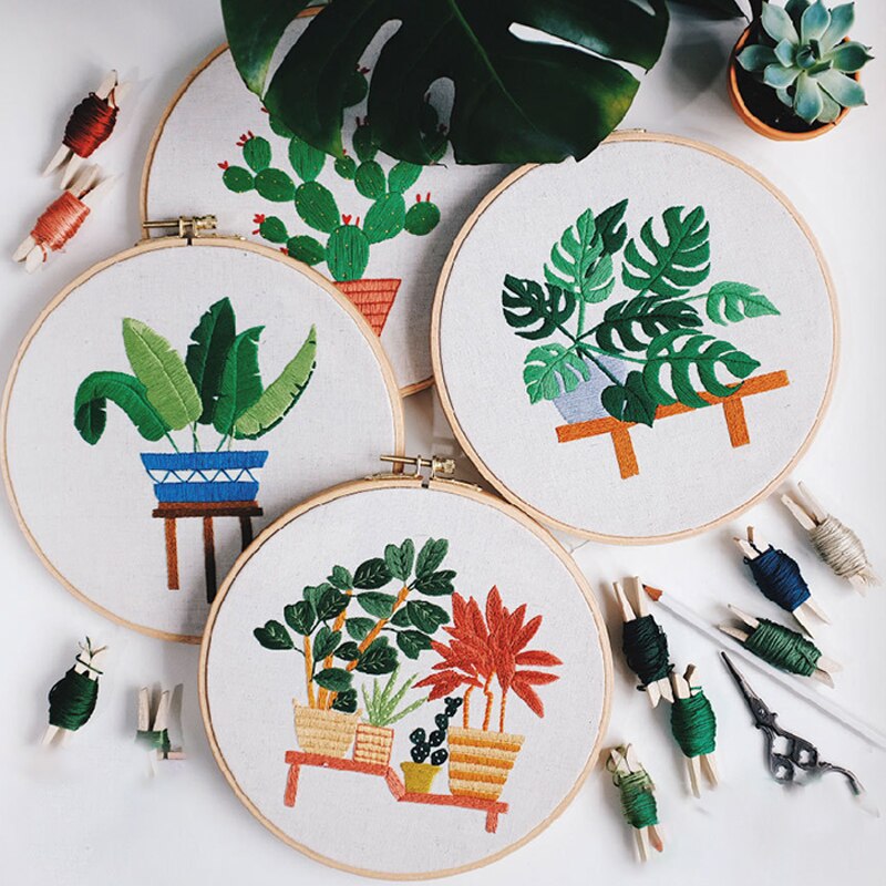 Kit de costura con patrones de plantas, Material de bordado artesanal, marco de bordado de aro, Kits de punto de cruz, pintura colgante hecha a mano, suministros de costura