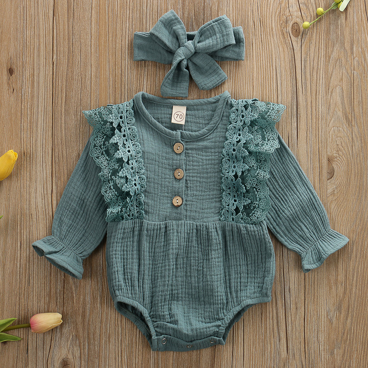Pudcoco Pasgeboren Baby Meisje Kleding Effen Kleur Kant Ruche Lange Mouw Kinnted Katoen Romper Jumpsuit Hoofdband 2 Stuks Outfits Set