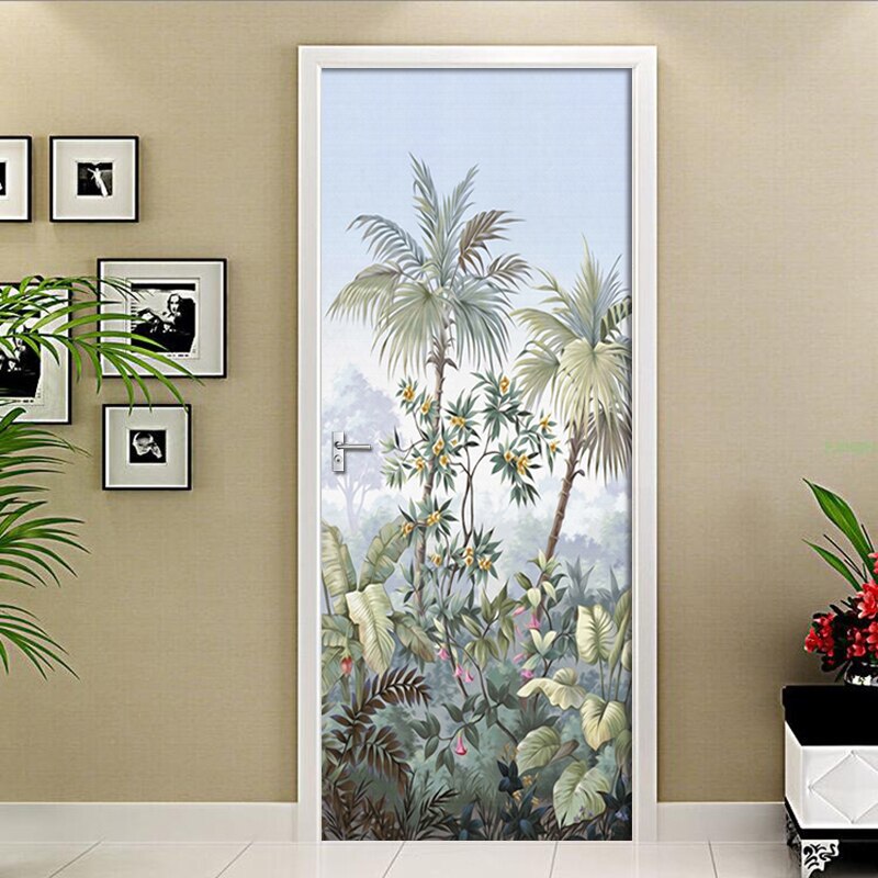 3D Behang Tropische Bladeren Bloemen Deur Sticker Woonkamer Keuken Pvc Waterdicht Muurstickers Zelfklevende Deur Poster