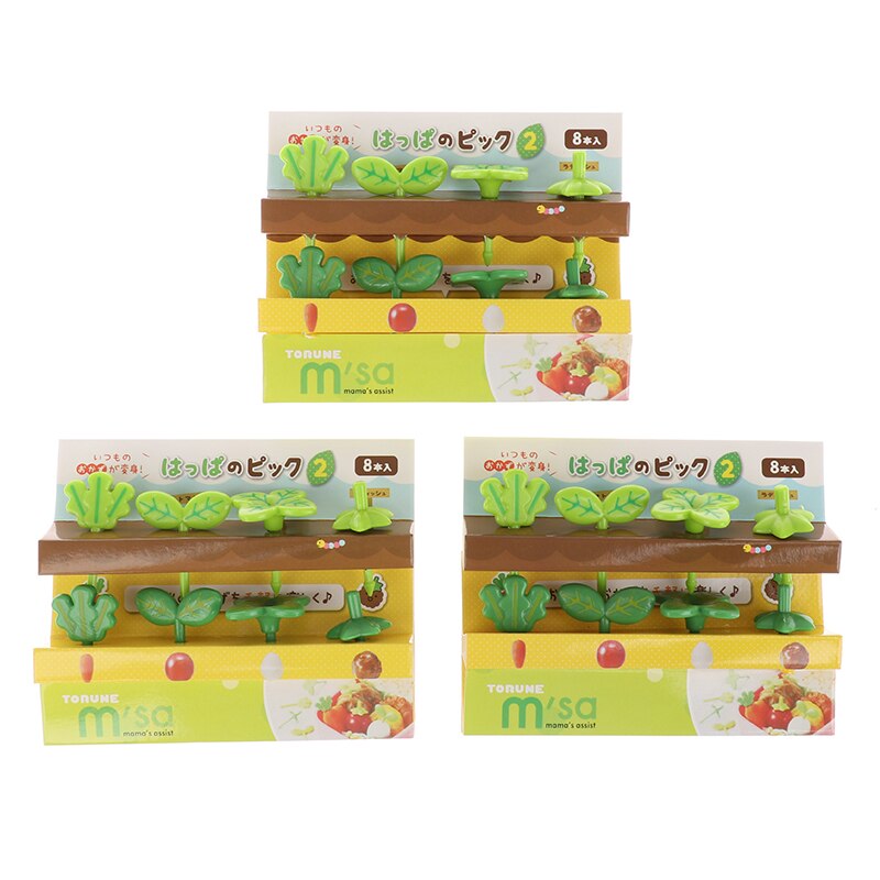 Fiambrera de decoración de plástico con hojas para niños, palillo de dientes, tenedor pequeño para ensalada, Mini palillos para pastel, 8 Uds.
