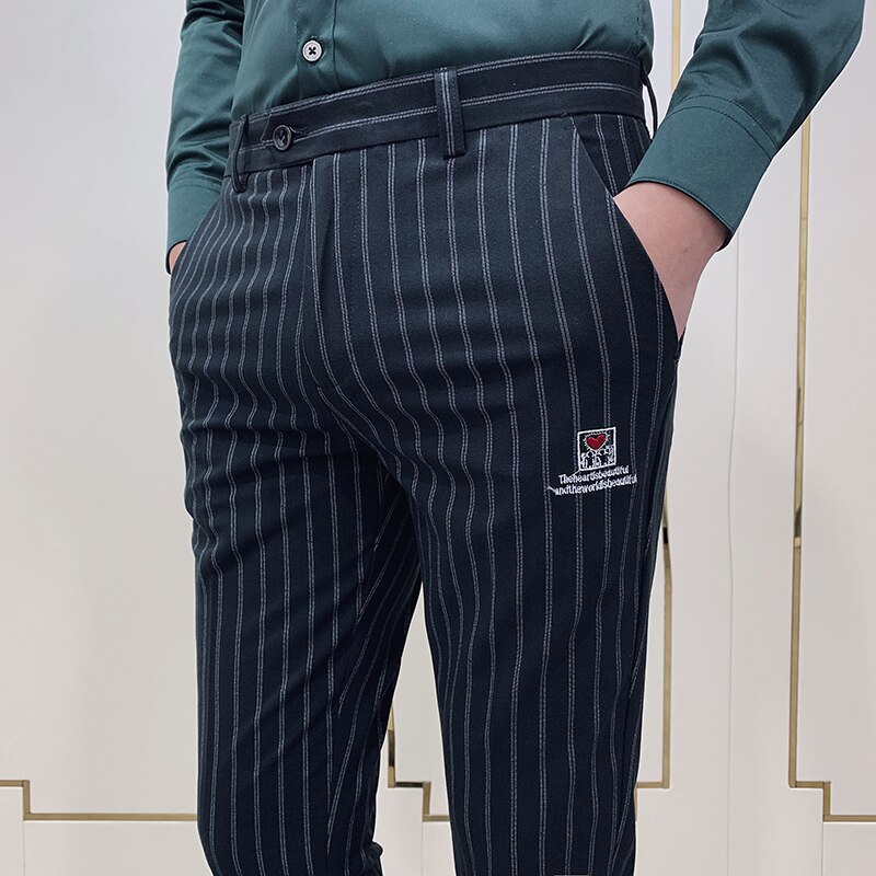 Trendy Gray Stripe Suit Pants Men Dress Pants Sweatpants Slim Fit Office Skinny Trousers Mens Joggers Slim Fit Casual Pants