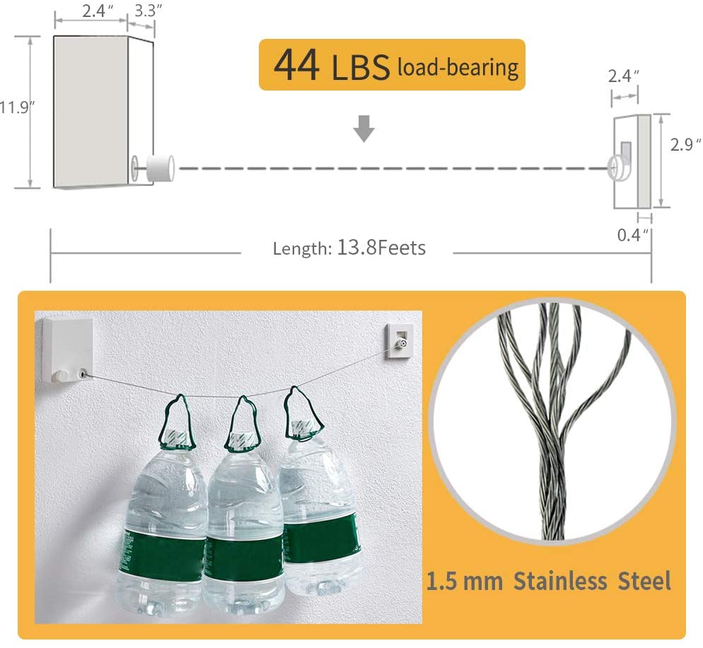Retractable Clothesline Adjustable Stainless Steel Rope String Hotel Style Heavy Duty Drill Free &amp; Wall Mounted Method