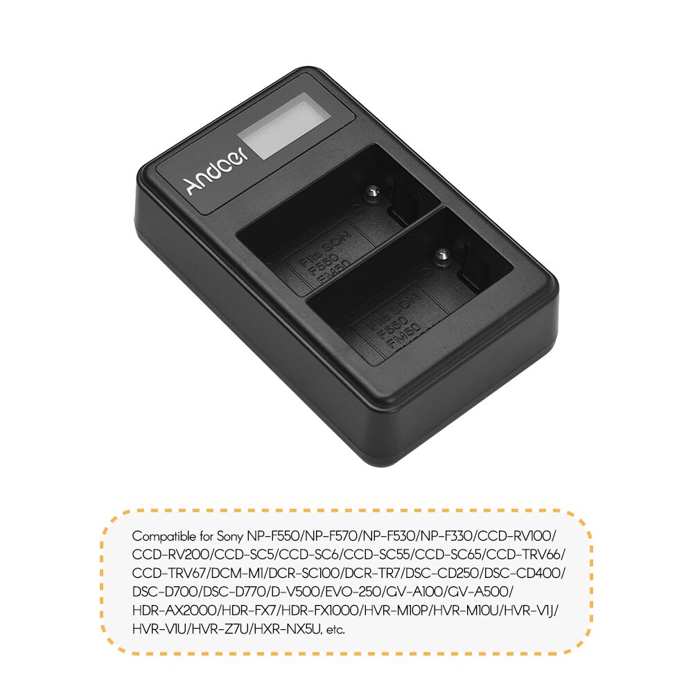 Andoer LCD2-NPF550 USB Dual del cargador de batería para Sony NP-F550 NP-F570 NP-F530 NP-F330