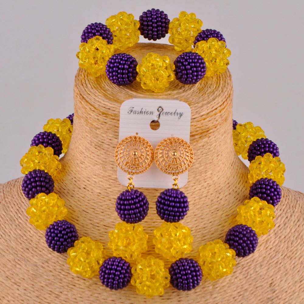 Royal Blue and Yelow African Beads Jewelry Set: Purple Yellow
