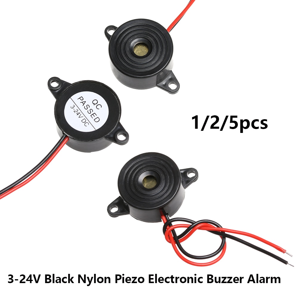 1/2/5pcs 3-24V Black Nylon Piezo Electronic Buzzer Alarm 23x12mm 95DB Continuous Sound Beeper with Tin Plated Copper Wire