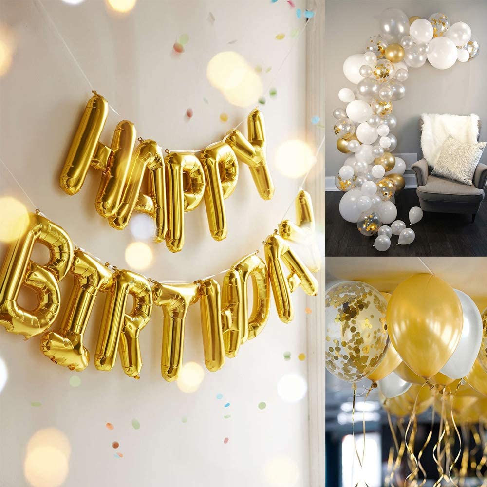 Gold birthday party decoration happy birthday banner balloon gold triangle logo bunting heart star confetti balloon cake top hat