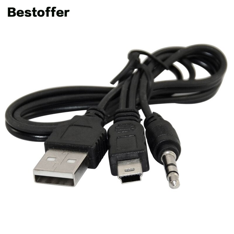 50cm Black USB 2.0 A to Mini B 5PIN+DC 3.5mm Male Plug Audio AUX Adapter Charger Cable Cord