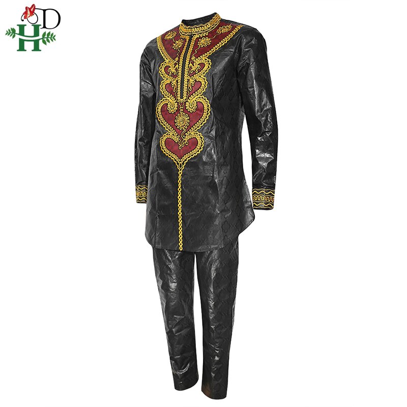 H & D Dashiki Mannen Shirt Broek Pak Borduurwerk Bazin Lange Mouwen Tops Met Broek Plus Size Afrikaanse Mannen Kleding Gewaad Africain