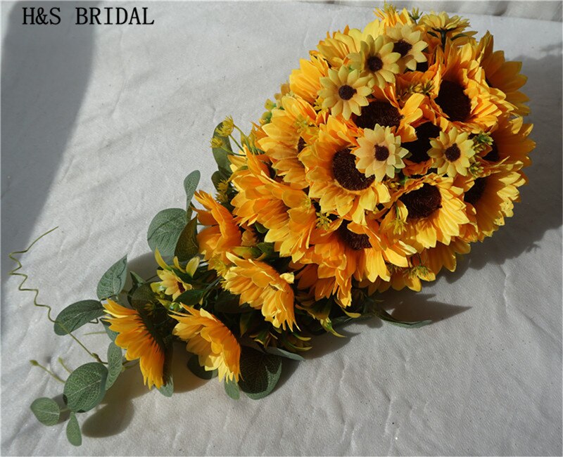 H&amp;S BRIDAL Sunflower Teardrop Wedding Bouquet Waterfall Bridal Flower Bouquet Lace handle Bruidsboeket bouquet de mariage