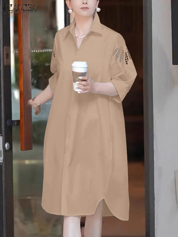 ZANZEA Casual Loose OL Work Shirt Dress Women Summer 3/4 Sleeve Lace Crochet Vestidos Sundress Buttons Down Robe Kaftan: S / Khaki