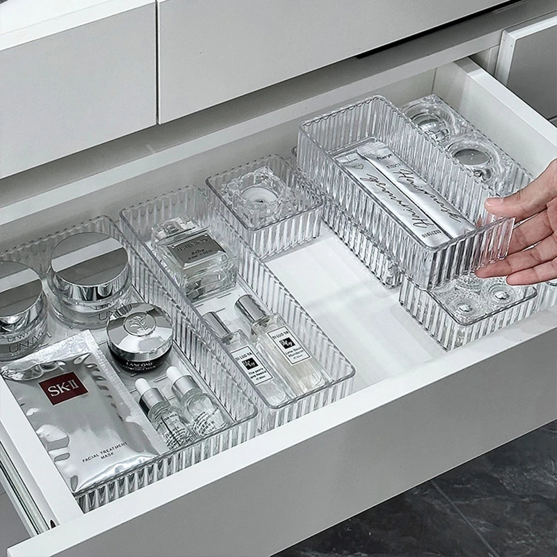 Durchsichtiges Kunststoff-Schubladenteiler-Kasten-einstellen, Eitelkeit, machen-hoch, Schmuck, Aufbewahrungstablett, Mehrzweck-Organizer für Bürobedarf, Küchenutensilien, Organizer