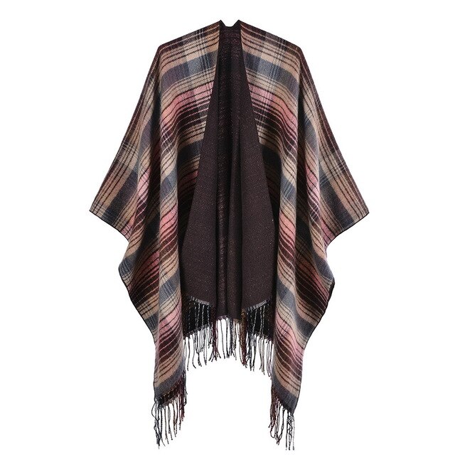 Schotse Klassieke Kleur Herfst Winter Plaid Cape Cape Met Kasjmier Kwastje En Warm Split Vrouwen Sjaal: pink