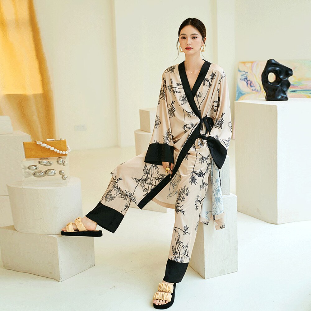 Pyjama en Satin de soie pour femmes, ensemble 2 pièces, imprimé chinois, Kimono, vêtements de nuit pour femmes, vêtements de détente, manches longues, chemise de nuit