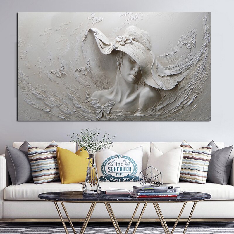 MUTU Wall Art Canvas Prints Abstract Pop Art meisje in de Hoed Relief Canvas Schilderijen Op De Muur Foto 'S Voor home Decoratie