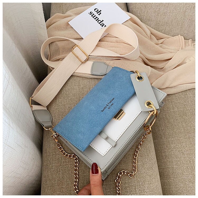 Scrub Leather Contrast Color Crossbody Bags For Women Chain Messenger Shoulder Bag Ladies Purses and Handbags Cross Body: Blue