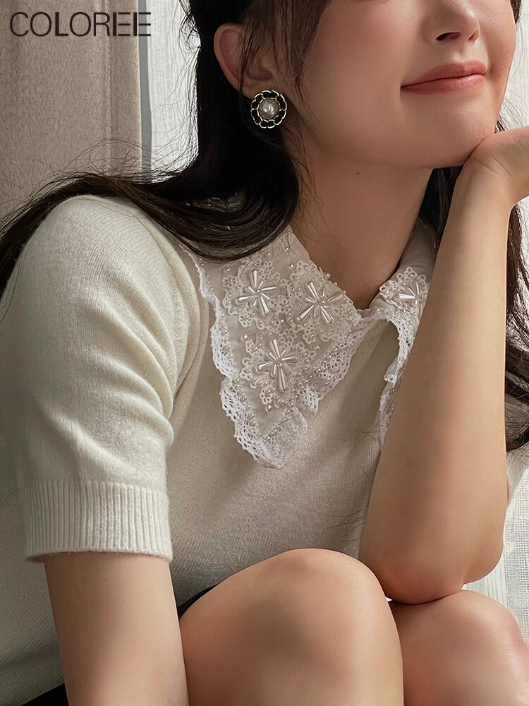 Koreansk vit pärl topp kvinnor sommar casual kortärmad tröja dam stickad tröja femme