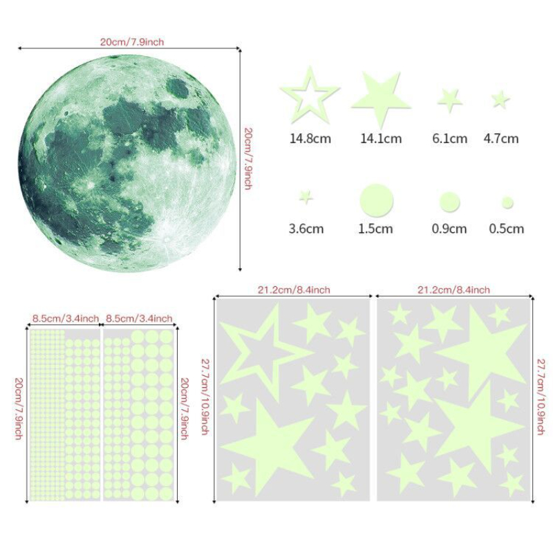 435pcs/pack Luminous Wall Stickers Moon Star Five-pointed Star PVC Sticker DIY Children Bedroom Decoration Wall Decor: green 20cm moon