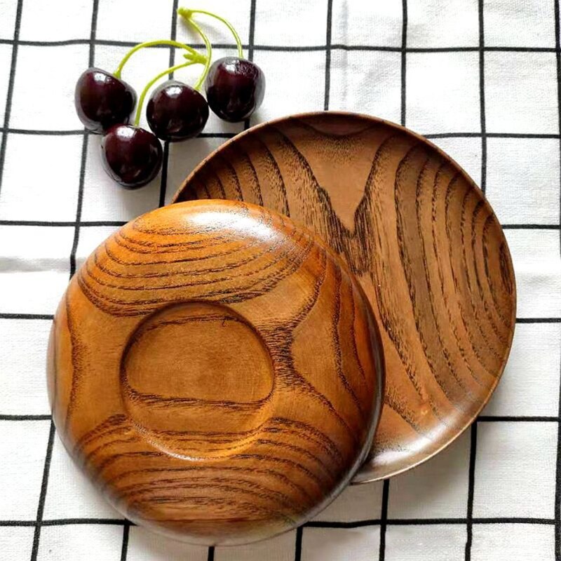 Round Solid Wood Plate Dinner Plates Food Saucer Dessert Serving Tray Wooden Cake Fruit Plates Dishes Kitchen Tableware
