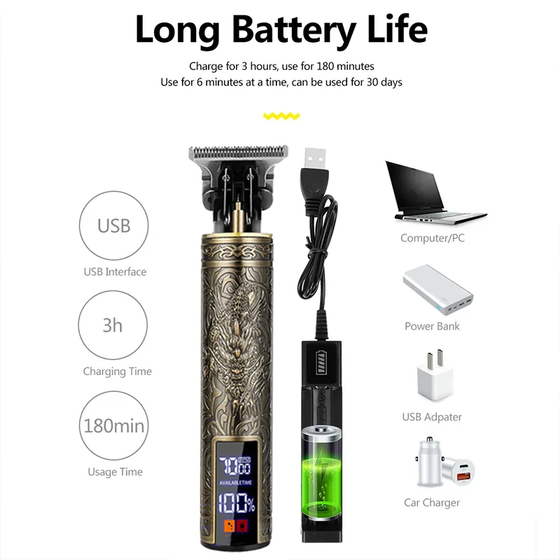 Vintage T9 Barber Clipper - Dragon Engraved Trimmer, Grade USB Fast Charge for Men's Hair/Beard/Body Grooming