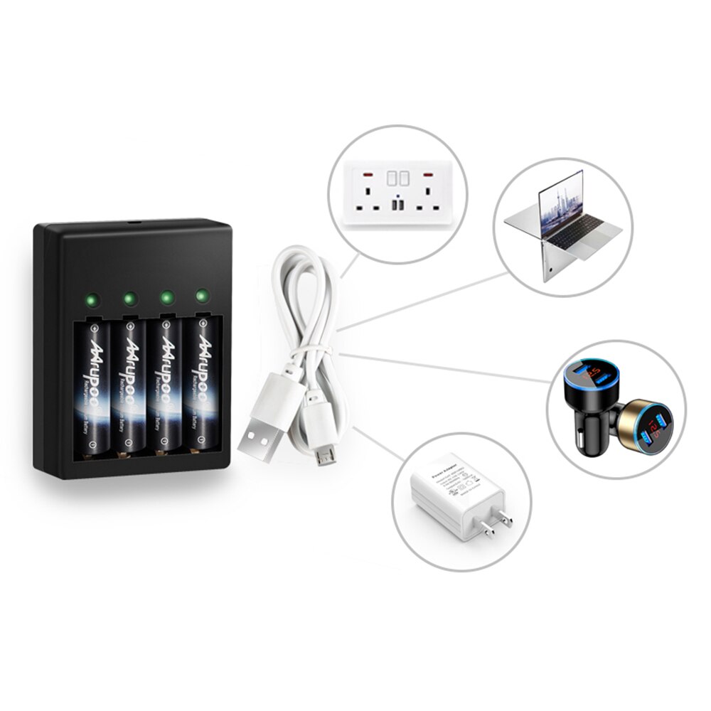 Wiederaufladbare AA oder AAA Batterie USB Ladegerät mit Kabel Adapter und 4 AA Lithium-Akkus, Auto-Sicherheit Über-Ladung
