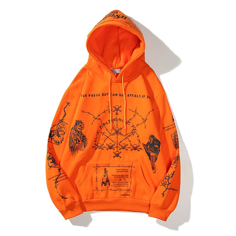 Orange broderi pullover hættetrøjer hip hop graffiti kranium print hættetrøje og sweatshirt mænd streetwear fleece hættetrøje urban tøj: Orange / M
