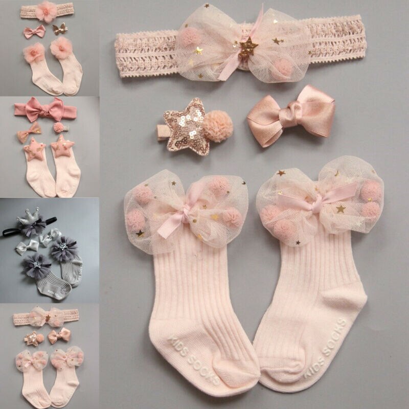 4pcs/Sets Newborn Baby Girl Boy Socks Lace Ruffle Tutu Socks Frilly Ankle Princess Anti Slip Socks+Headband+Hair Pin 0-24M