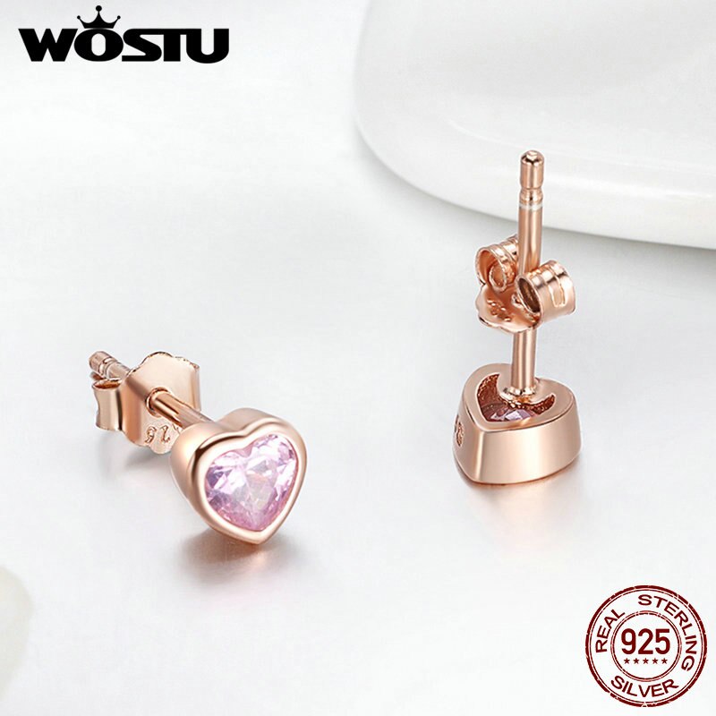 WOSTU Authentische 925 Sterling Silber Rose Gold Herz Stud Ohrringe Für Frauen Funkelnden Rosa CZ Schmuck Silber Party