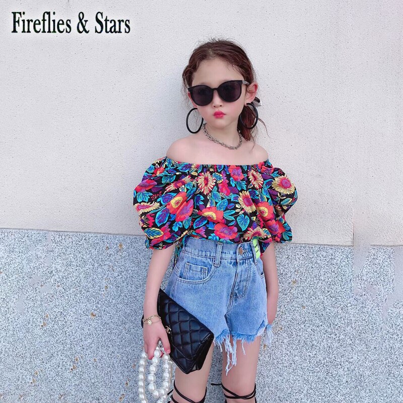 Blusa de verano para niñas, Camisa larga para bebés, vestido para niños, ropa con estampado Floral para el sol, sin hombros, manga abombada de 1 a 7 años