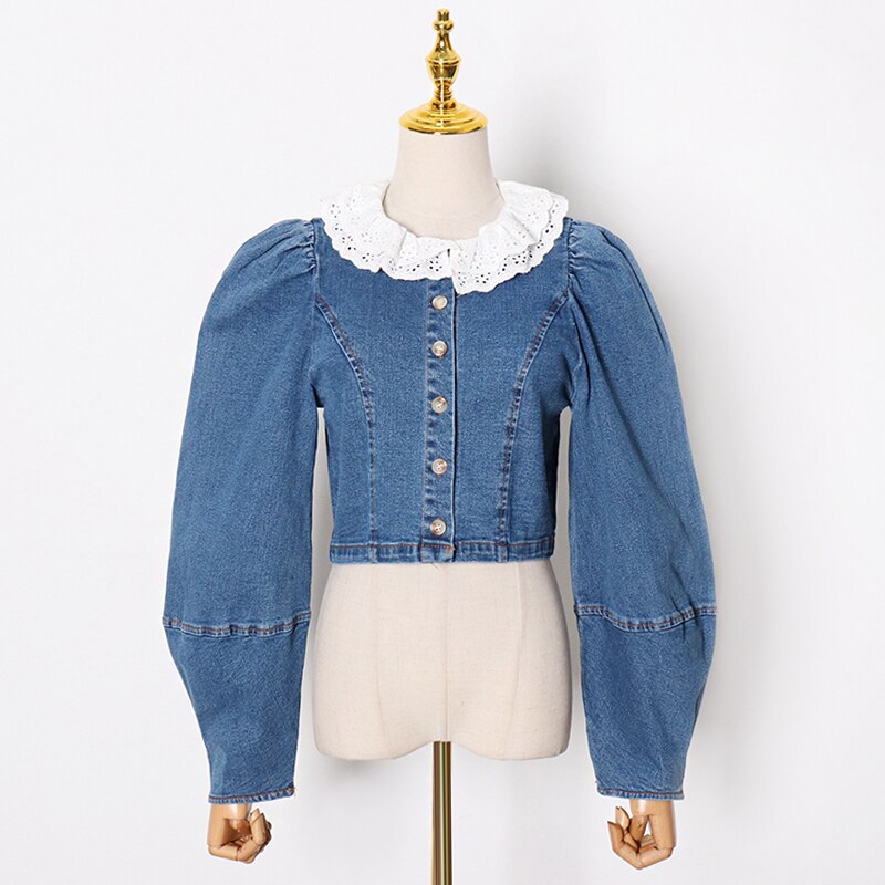 VGH-camisa de encaje Vintage para mujer, blusa vaquera informal con manga acampanada y cuello con volantes, Ropa nueva: L