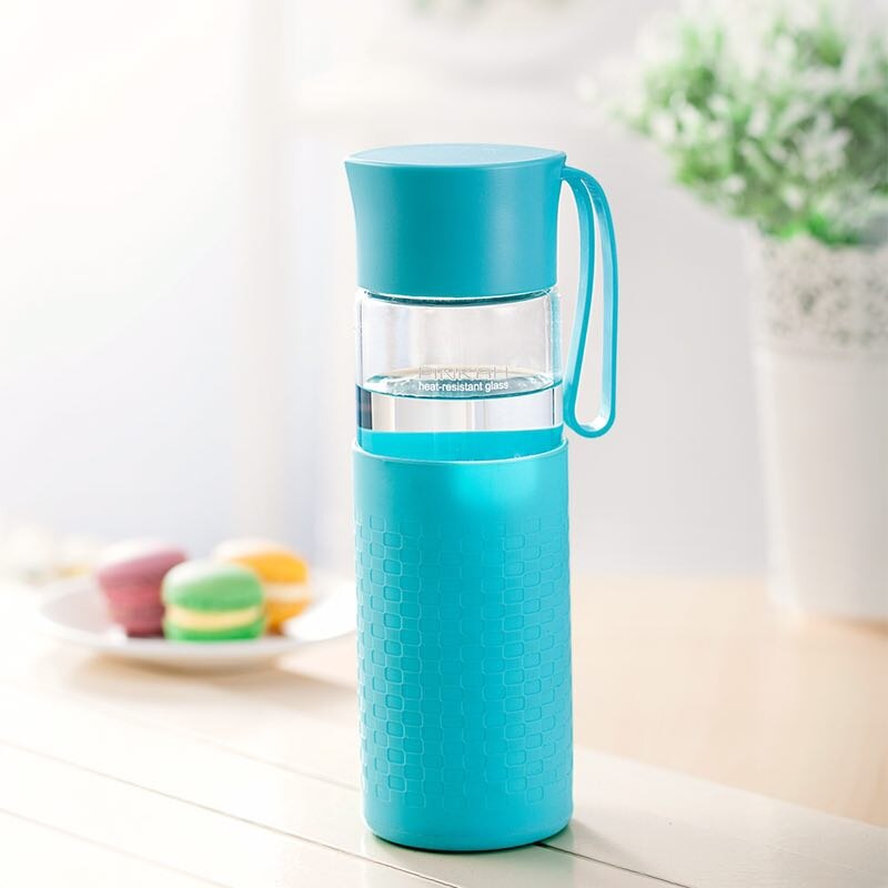 Pinkah glas vattenflaska bpa fri hög borosilikat glas tekopp läckagesäker bärbar med skyddande silikonfodral 400/500ml: Blå / 400ml