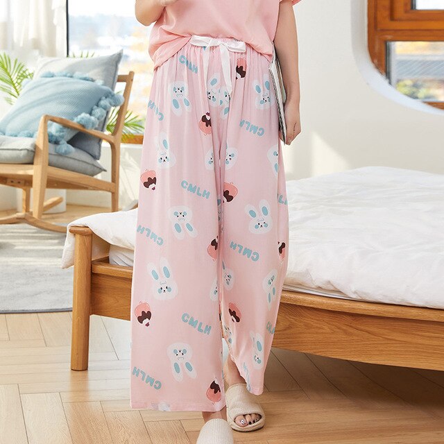 Summer Sleep Wear for Women Pajama Printing Loose Sleep Pants Calf-Length Pants Sleep Bottoms Home Wear: F6