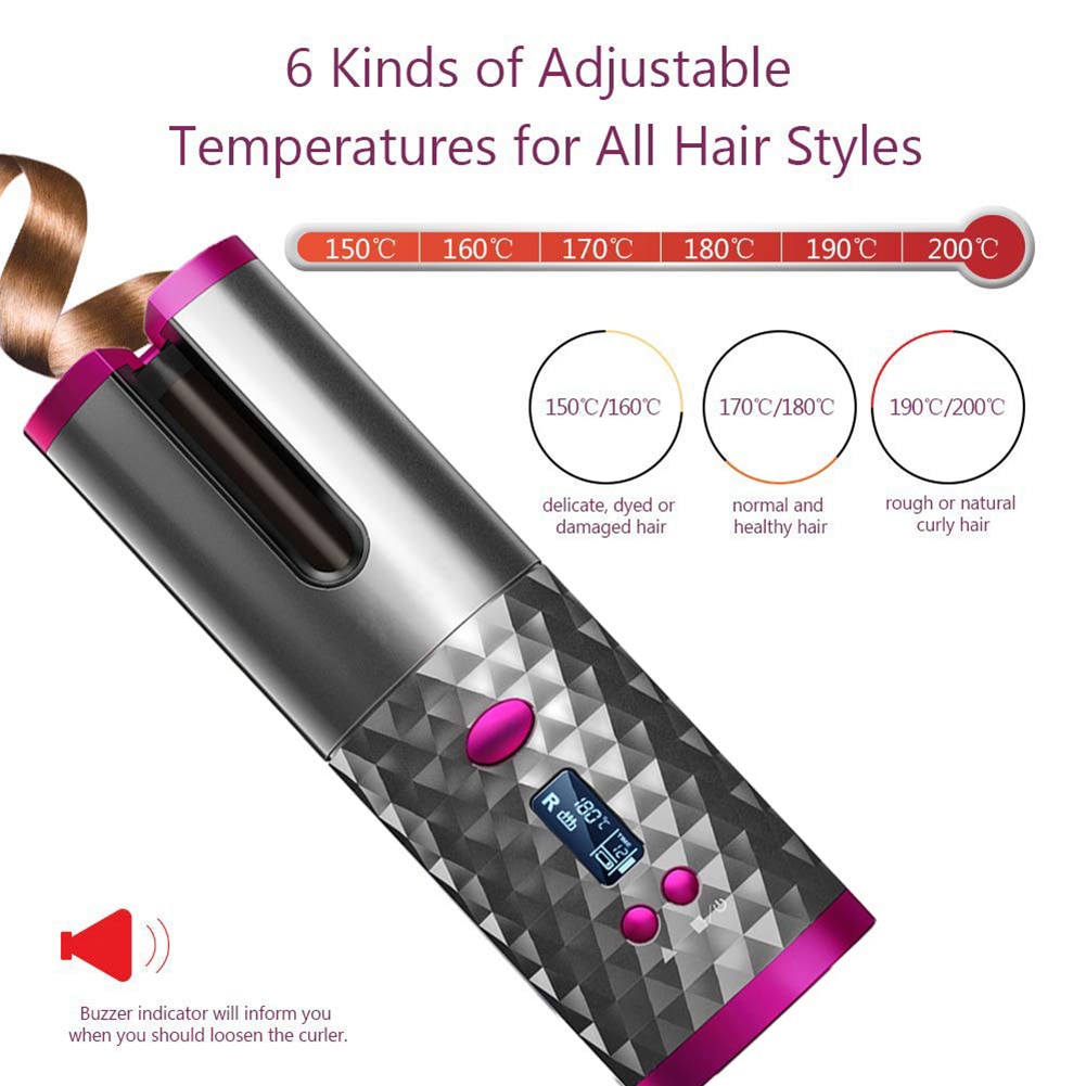 Portable sans fil automatique cheveux fer à friser baguette rouleau bigoudi LCD bouclés vague de friser outil rotatif avec 1 peigne + 2pc Clips