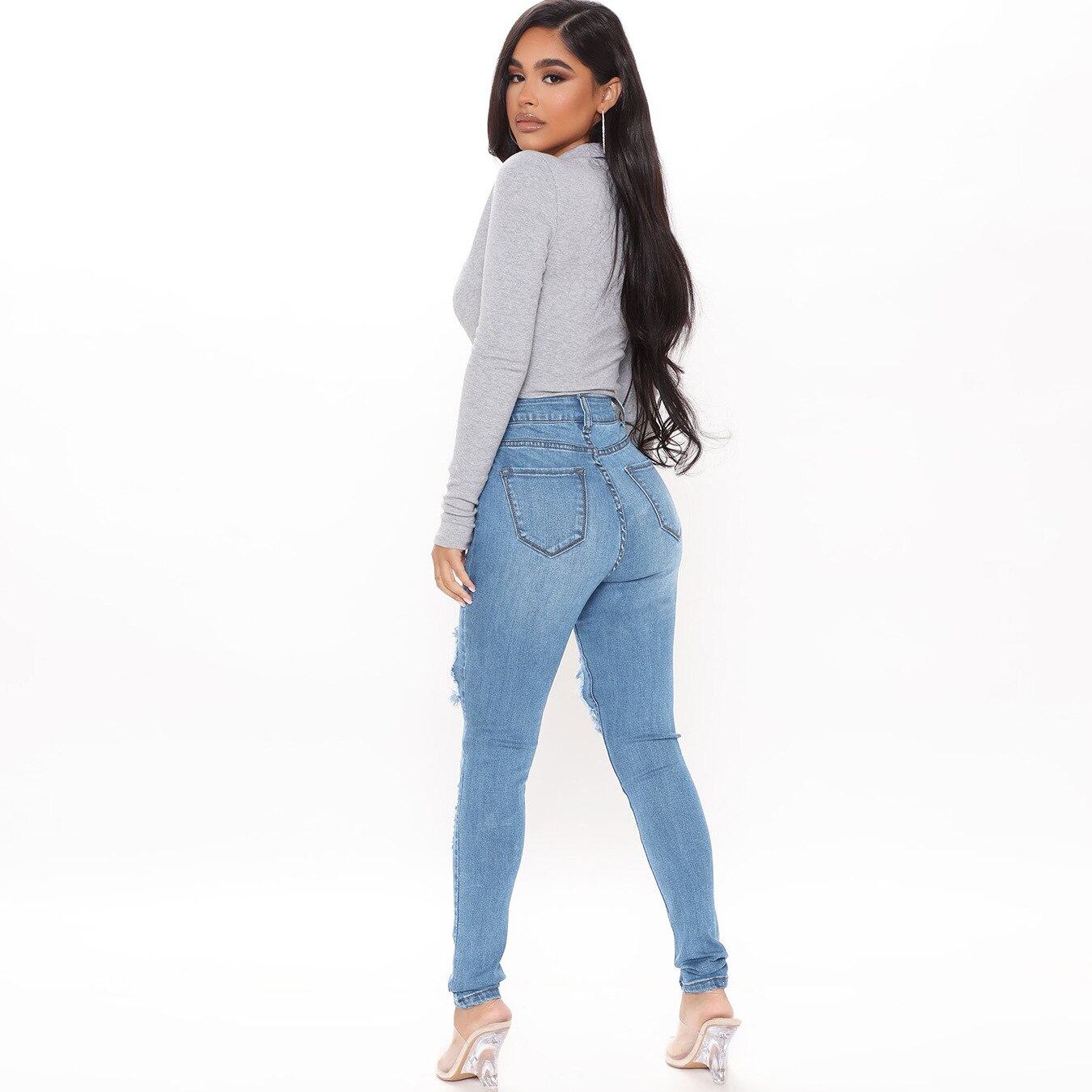 FNOCE femmes déchiré jean pantalon sexy trens taille haute mince serré stretch trou complet denim crayon pantalon