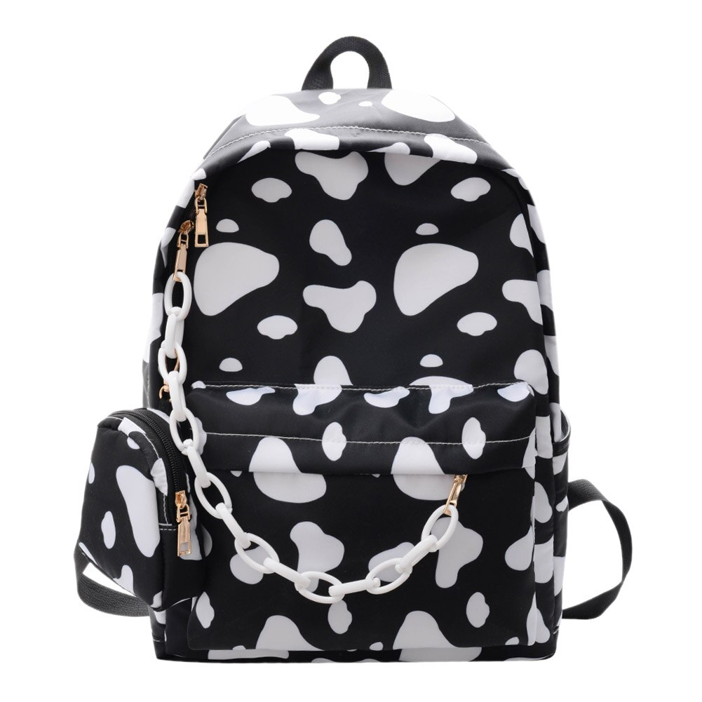 Mochila de lona para mujer, bolso de hombro con estampado de leche de vaca, de gran capacidad, escolar, para adolescentes,: Black