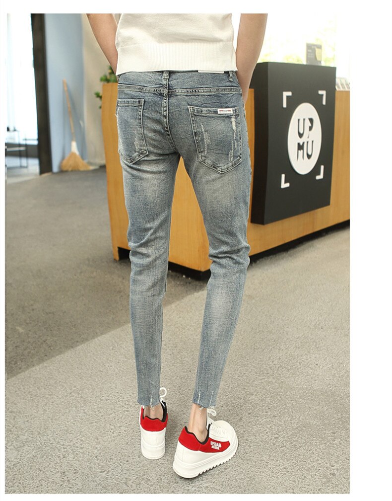 Trendy mænds jeans sommer ankel længde bukser revet hul trendy slanke tynde fødder bukser social fyr teenagere jeans mænd
