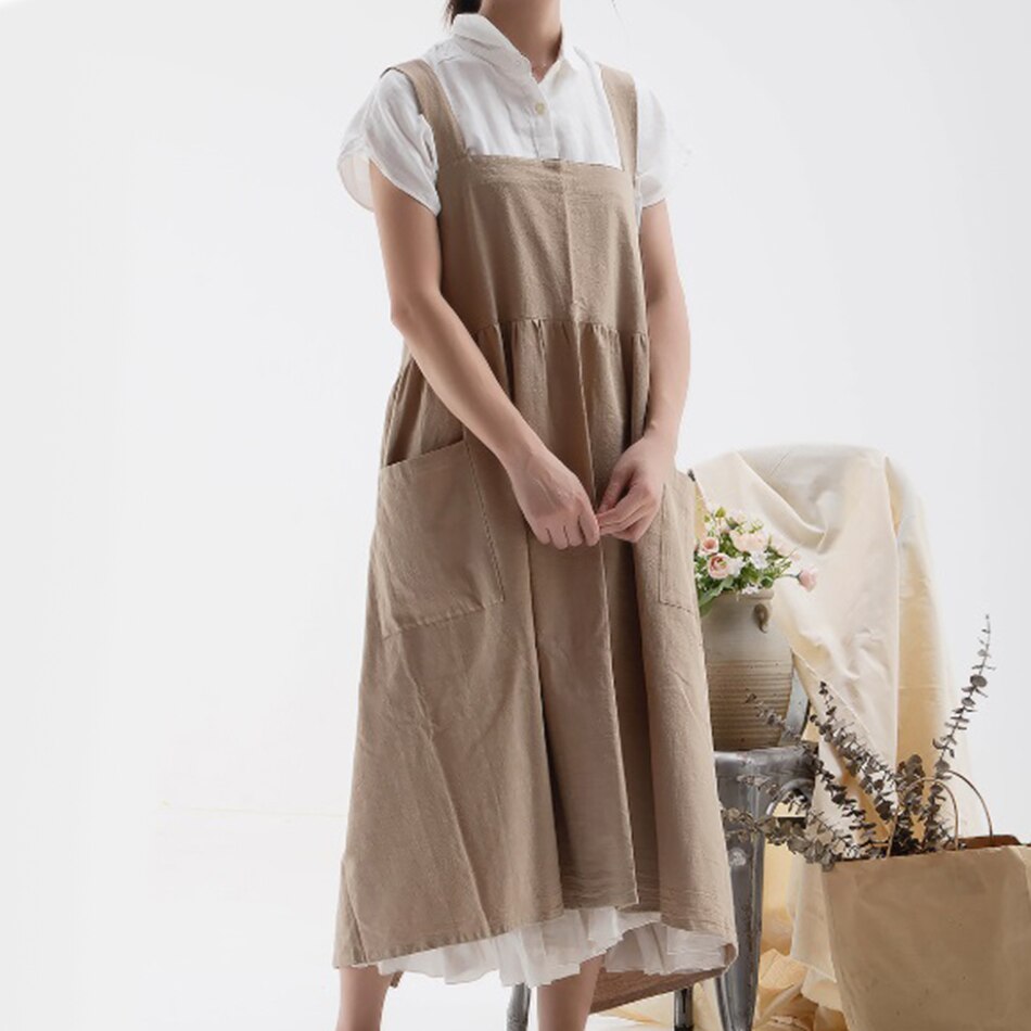 Delantal cruzado de lino y algodón japonés con hebilla ajustable, para mujer y niña, para salón de cocina, Vintage, para madre: brown