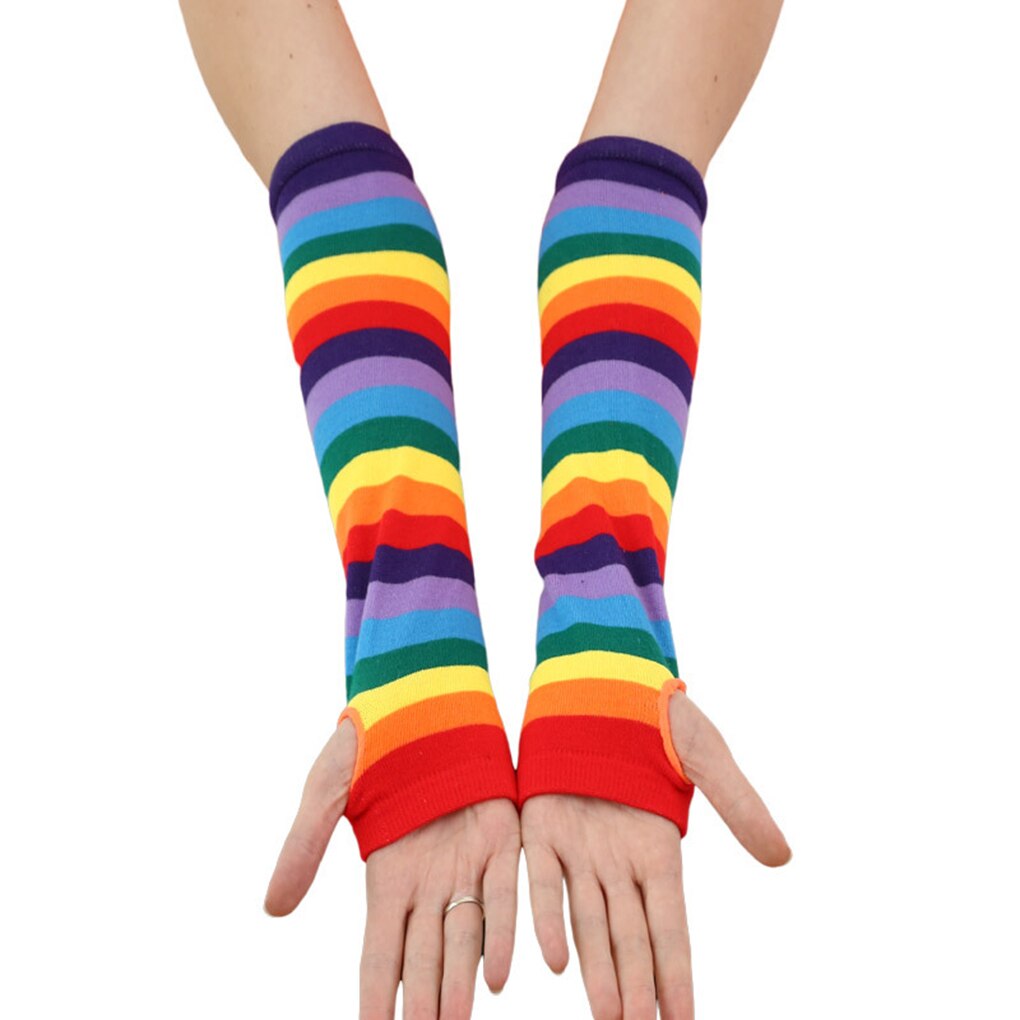 Malha luvas sockings para mulher menina colorido arco-íris listrado luvas longas meias braço mais quente sem dedos malha luvas sockings