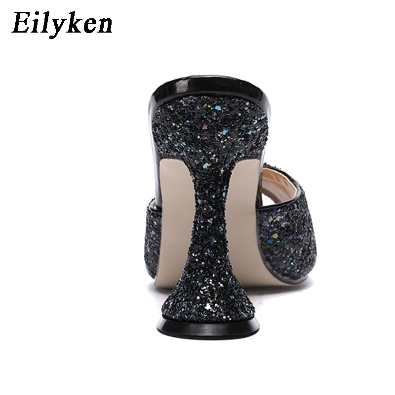 Eilyken verano nuevos zapatos mujer LICRA mulas fluorescentes purpurina Peep toe Slides zapatillas de tacón alto deslizamiento en sandalias de