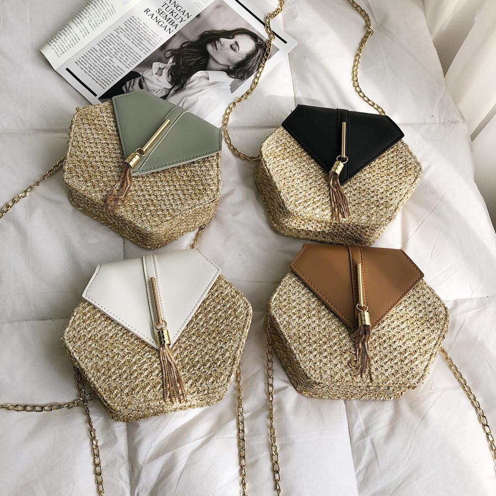 Hexagon Mulit Stil Stroh + leder Handtasche Frauen Sommer Rattan Tasche Handarbeit Gewebt Strand Kreis Böhmen Schulter Tasche Y20