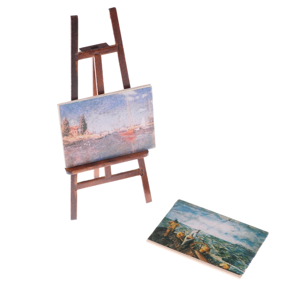 Artist Easel Stand & 2 Wood Paintings Picture Mini Artist Easel Wood Wedding Table Card Stand Display Holder Decoration 3pcs/Set