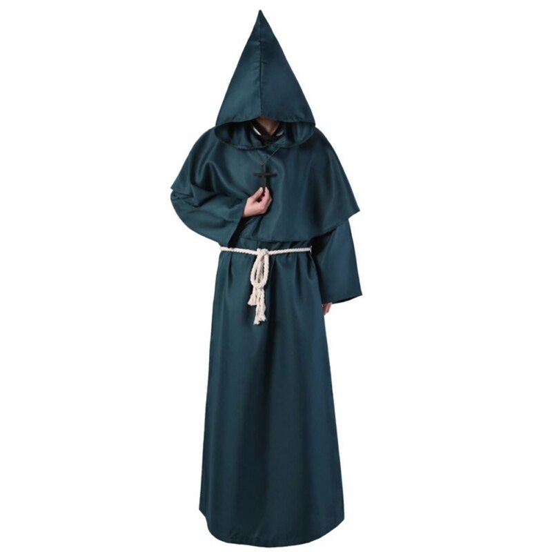 Halloween Monk Hooded Robes Cloak Cape Friar Medieval Renaissance Priest Men Robe Clothes Comic Con Party Cosplay Costume: Green / XL
