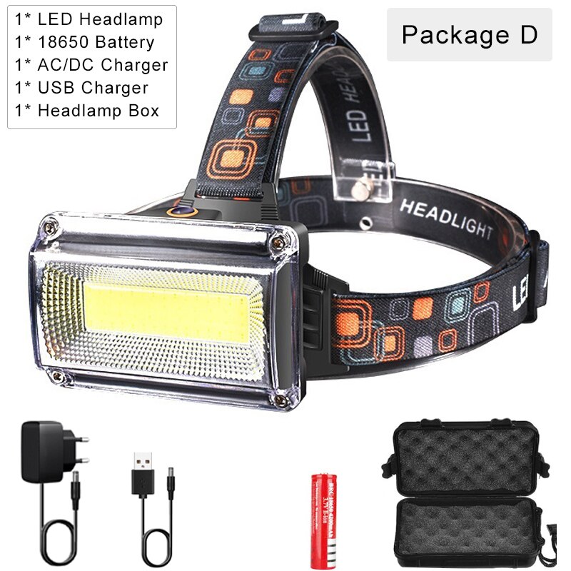 40000 lms cob led forlygte reparation lys hovedlampe usb genopladeligt vandtæt forlygte 18650 batteri fiskelys: Pakke d